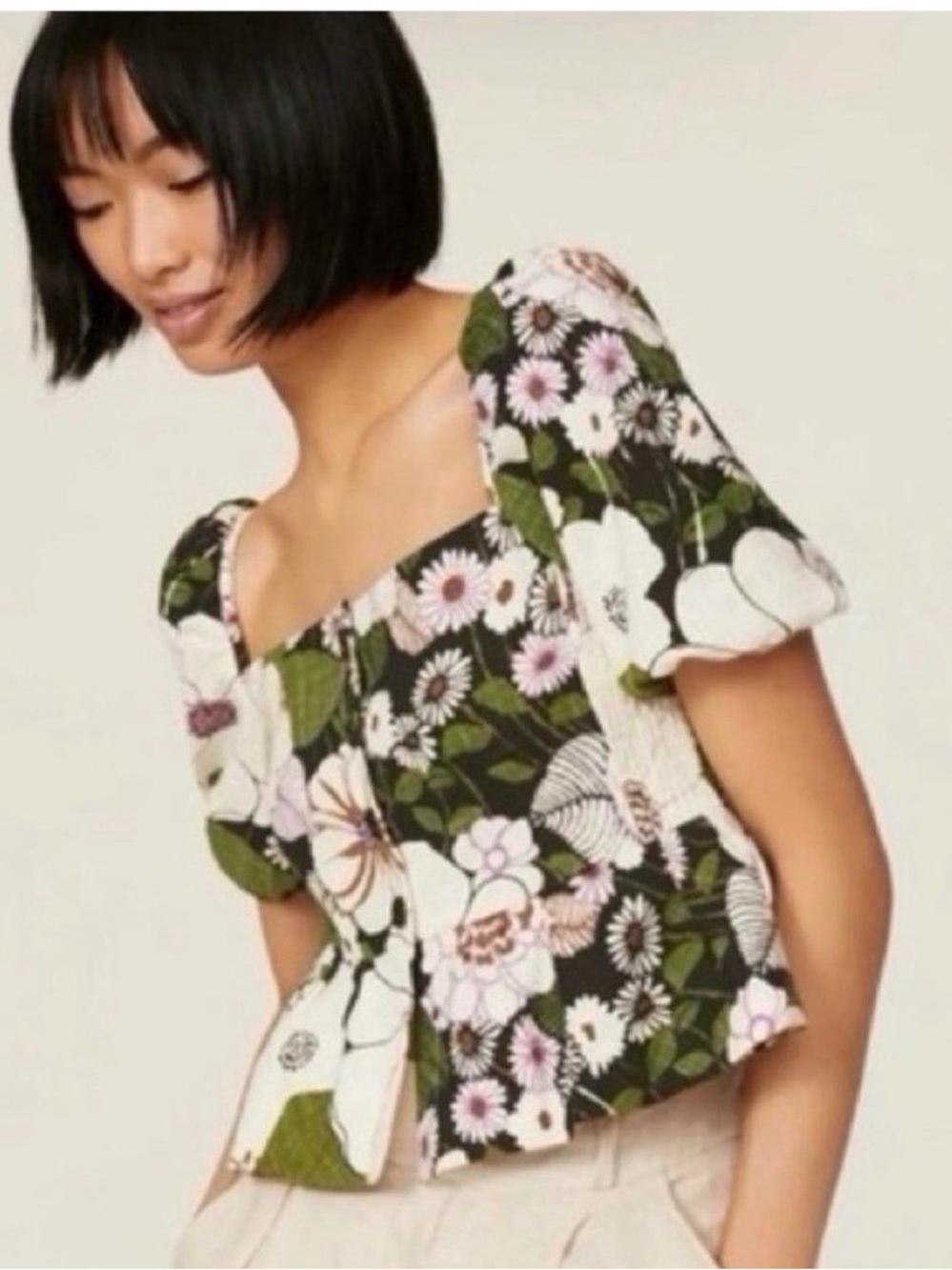 Maje Floral Puff-Sleeve Blouse in Olive, Cream & Purple